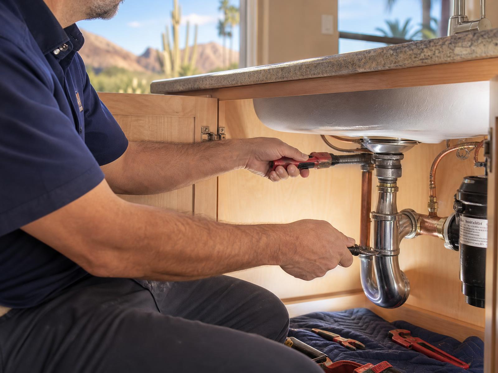 Professional plumber working under a kitchen sink with copper supply lines in warm Phoenix, Arizona light