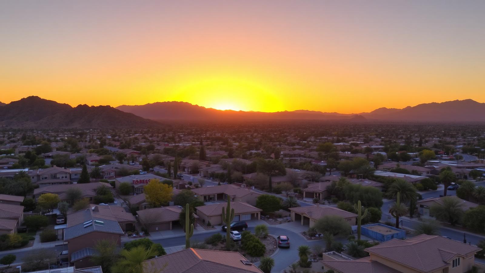 Aerial view of Phoenix Arizona neighborhoods at sunset within the Valley of the Sun Plumbing service area